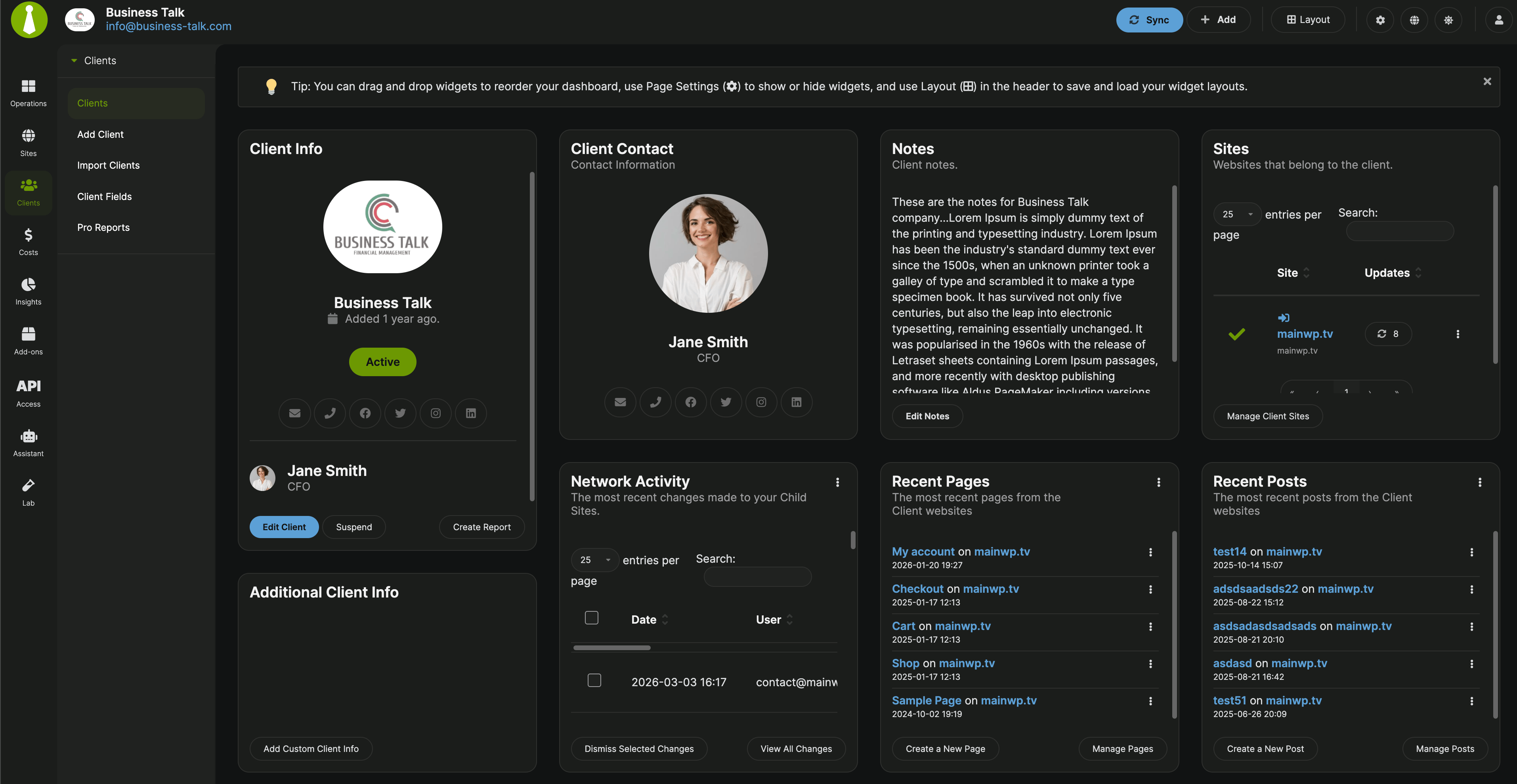 Recent Posts, Recent Pages, and Network Activity widgets on the Client Card