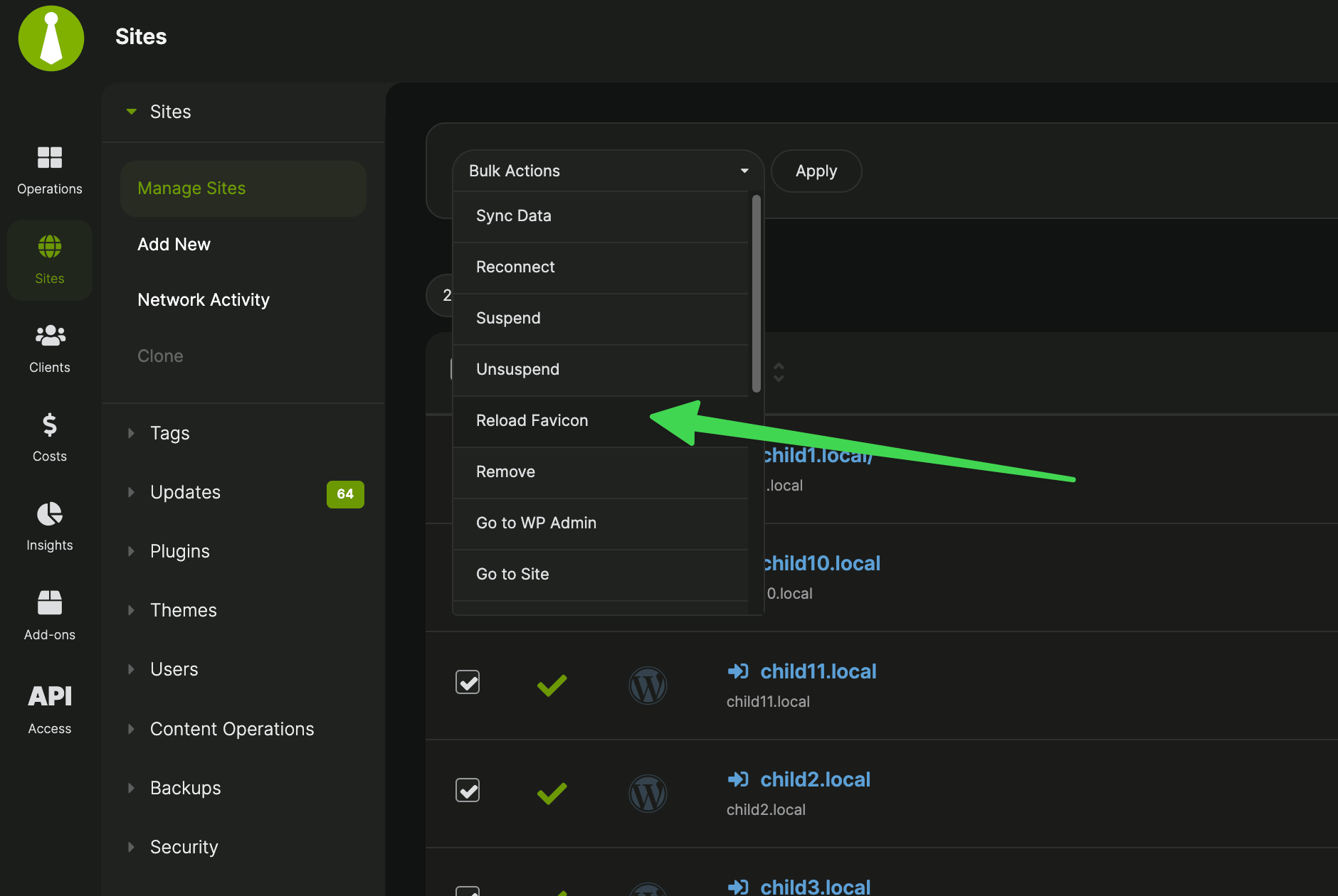 Manage Sites bulk actions menu with Reload Favicon selected