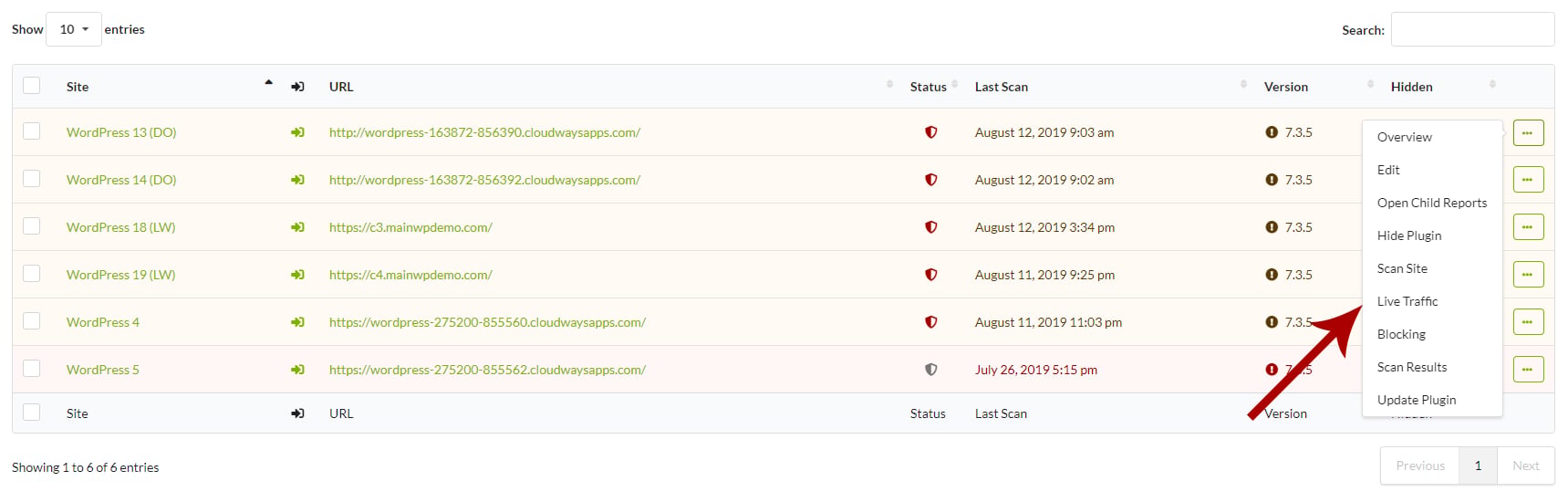 Screenshot of Live Traffic view showing requests to a child site