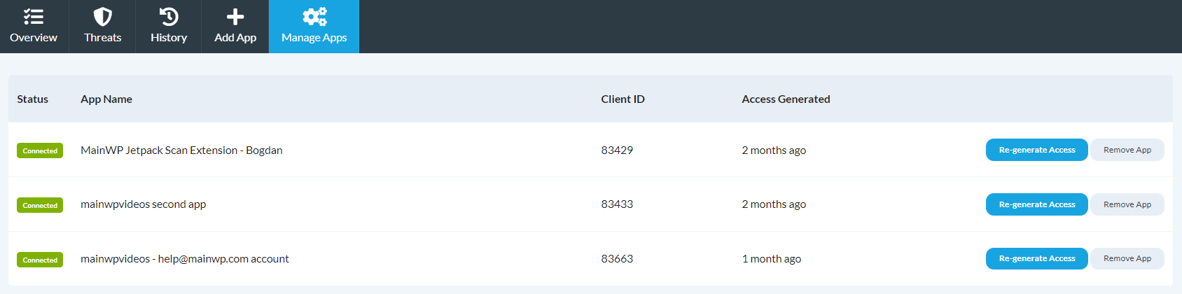 Screenshot of Manage Apps page showing connected apps with action buttons