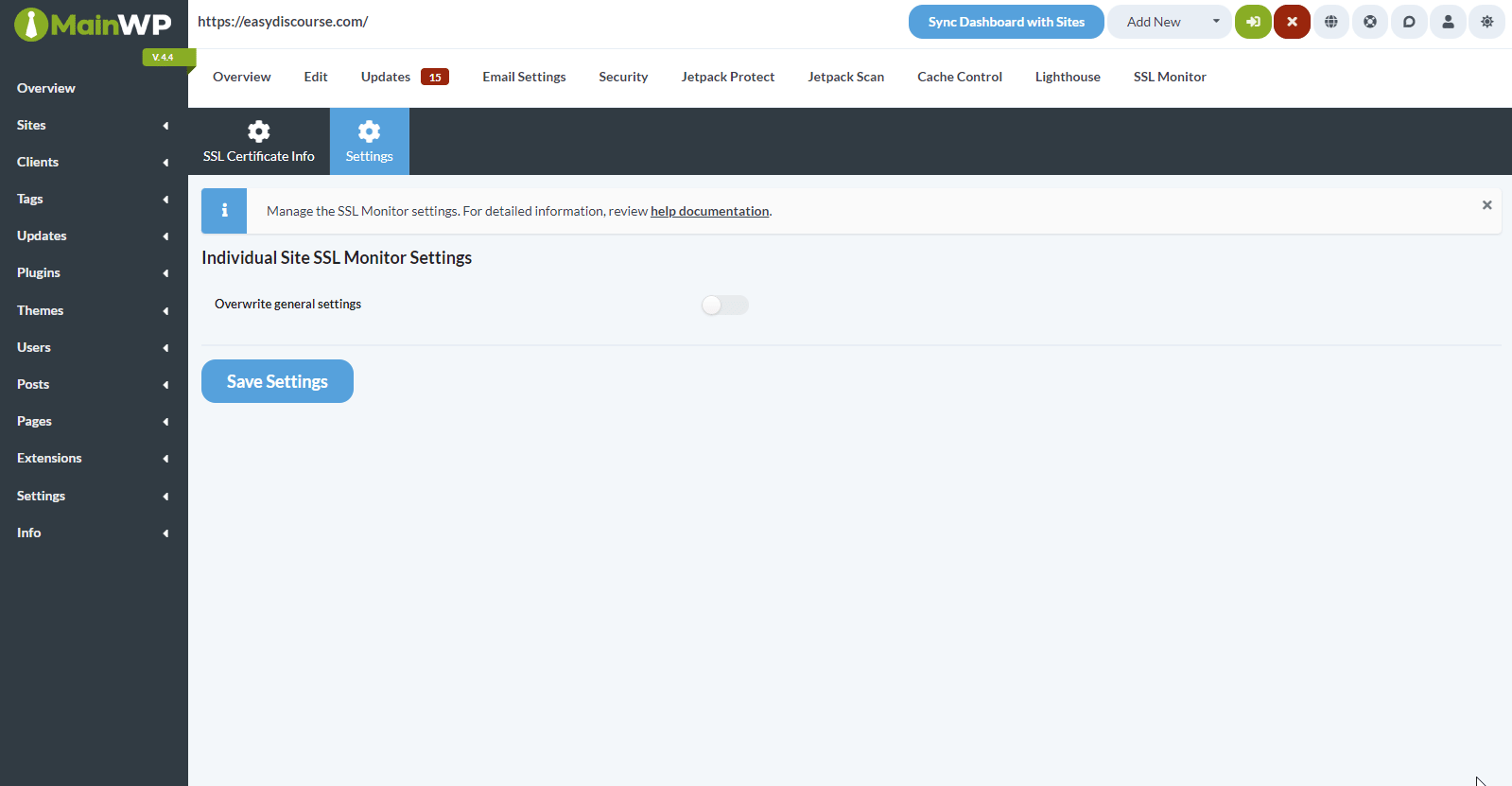 Animated screenshot showing how to overwrite general SSL Monitor settings for a single site