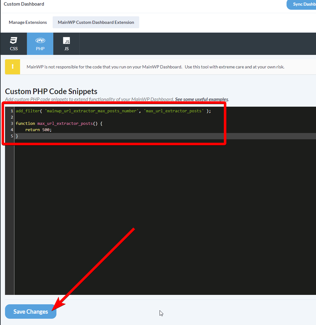 Custom Dashboard PHP tab with code snippet for max posts