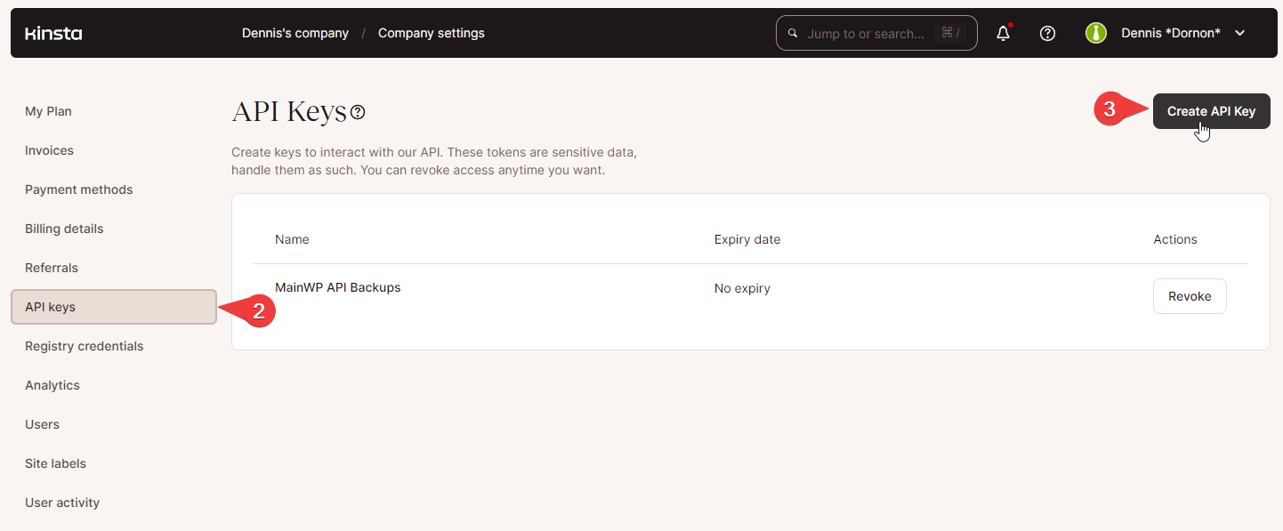 Kinsta Create API Key dialog