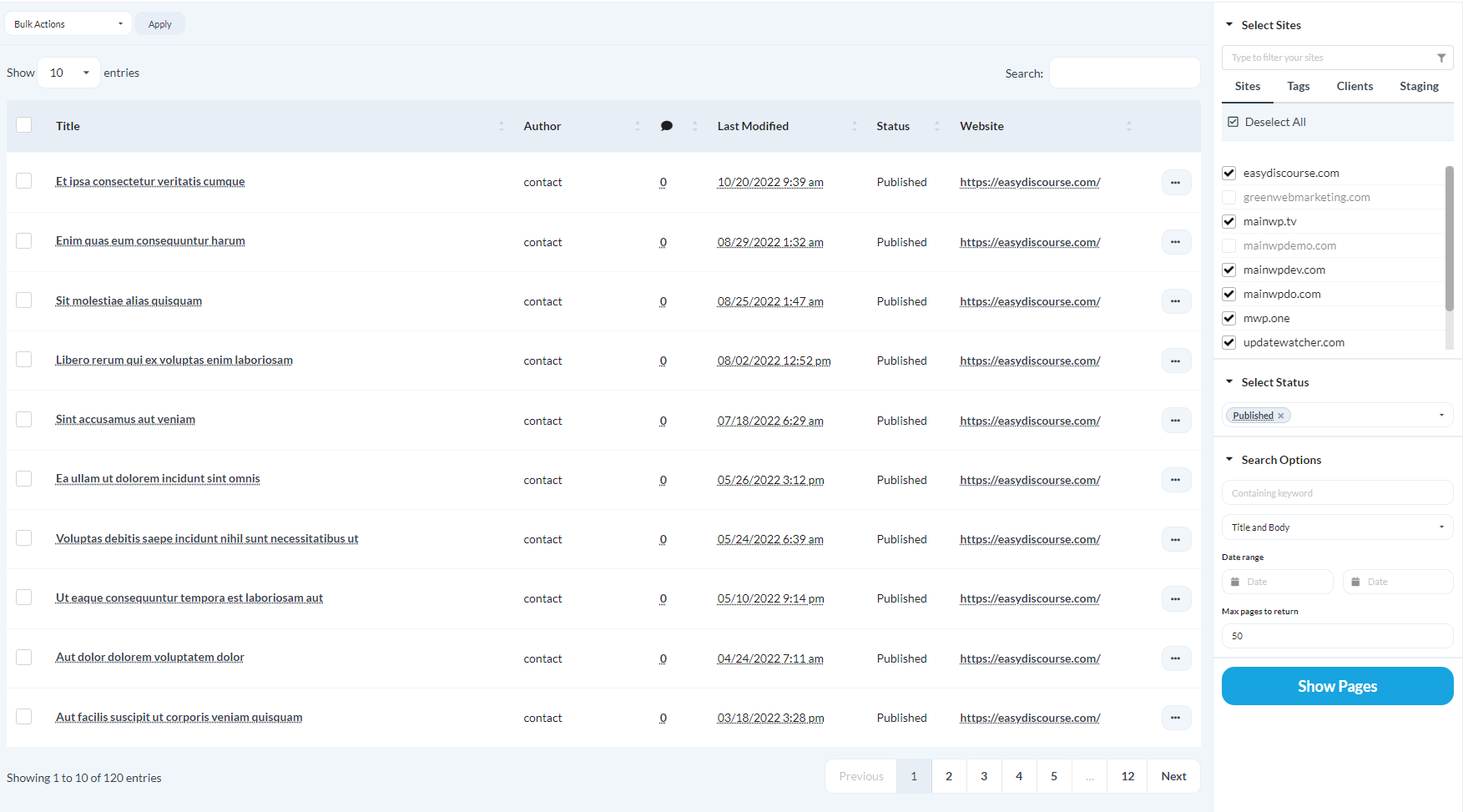 Go to MainWP > Sites > Content Operations > Manage Pages