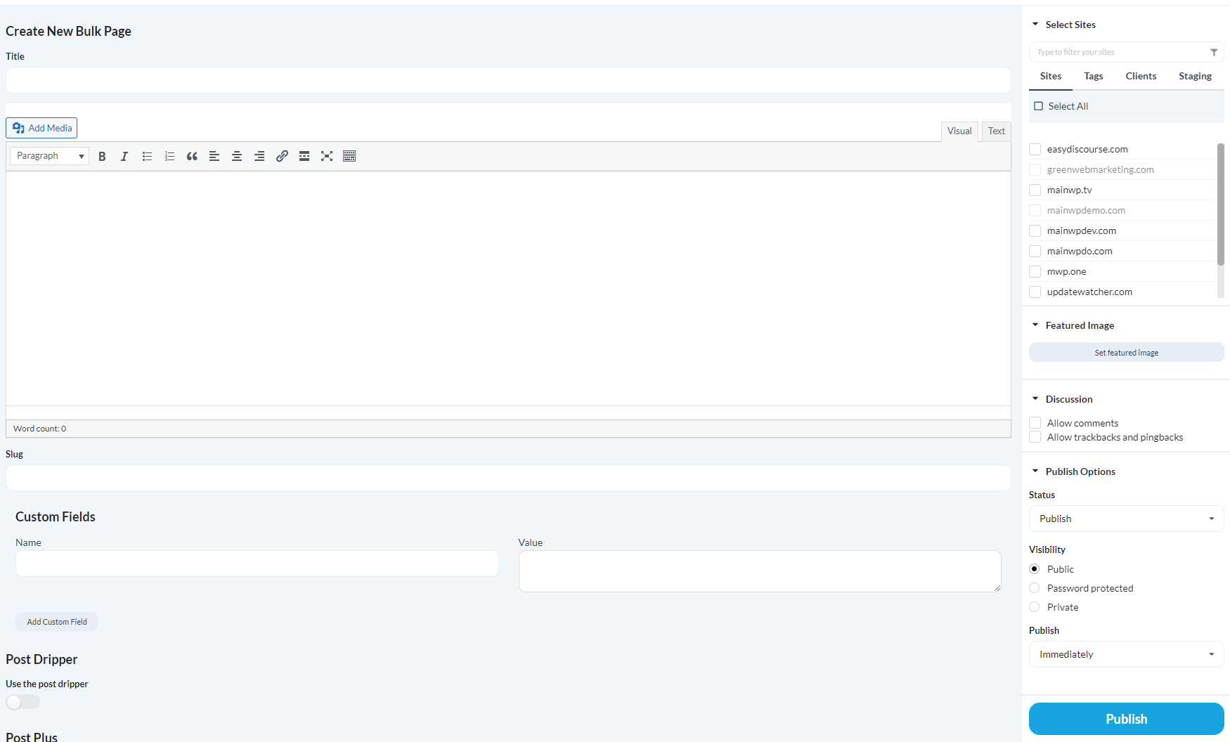 Create a new bulk page in MainWP Dashboard