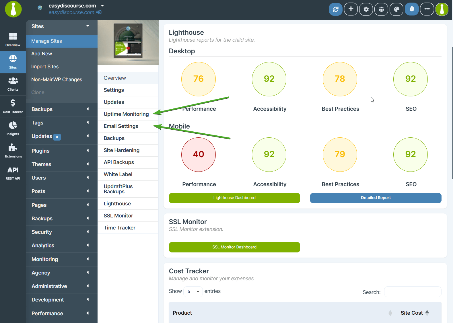 Individual site uptime settings