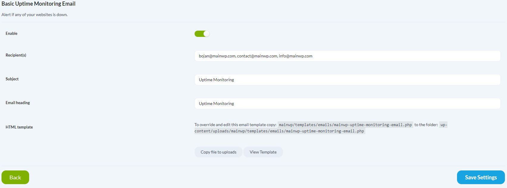 Email notification settings form with recipient, subject, and template options