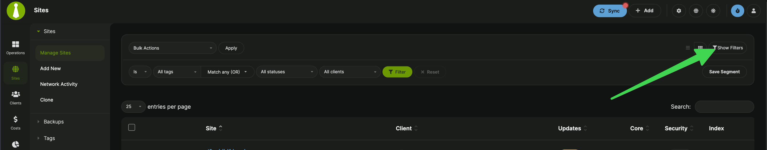 Manage Sites filter options in the top-right area