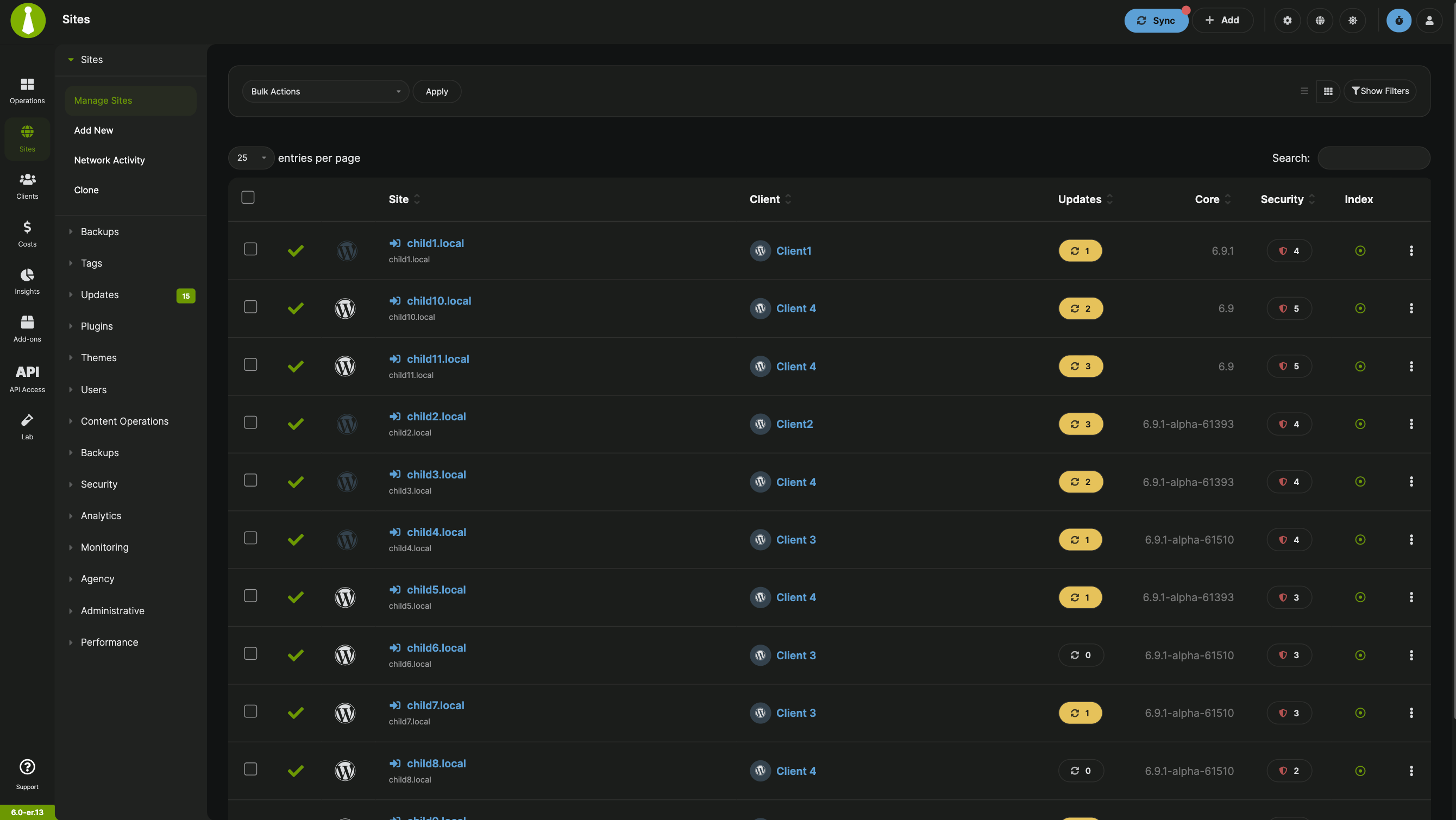 DataTables interface showing sortable columns and pagination