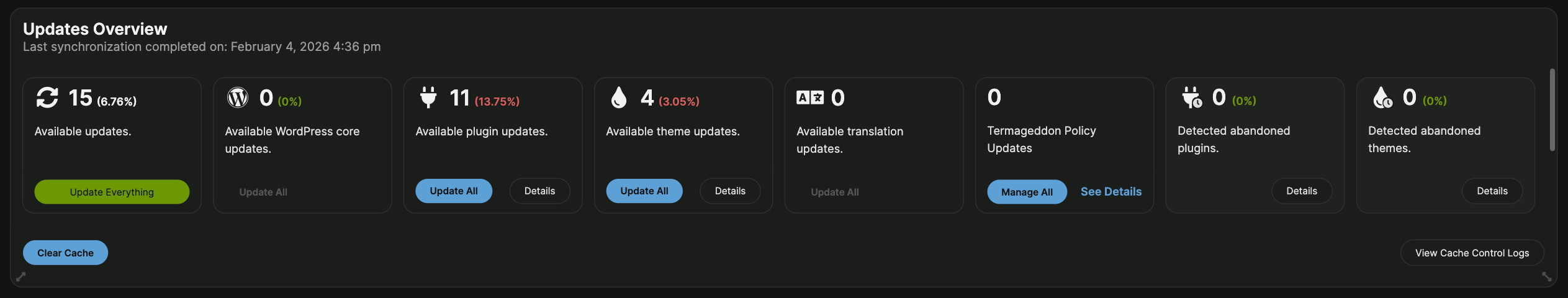 Update Overview widget showing WordPress, plugin, theme, and translation updates