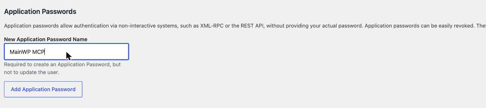 The Application Passwords section of a WordPress profile with the name MainWP MCP entered