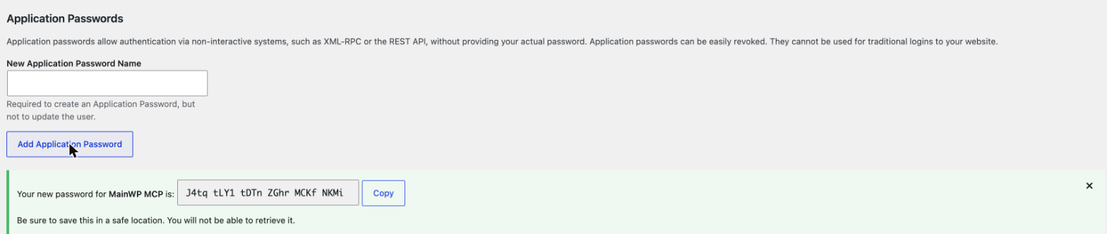 WordPress showing the newly generated application password with a Copy button