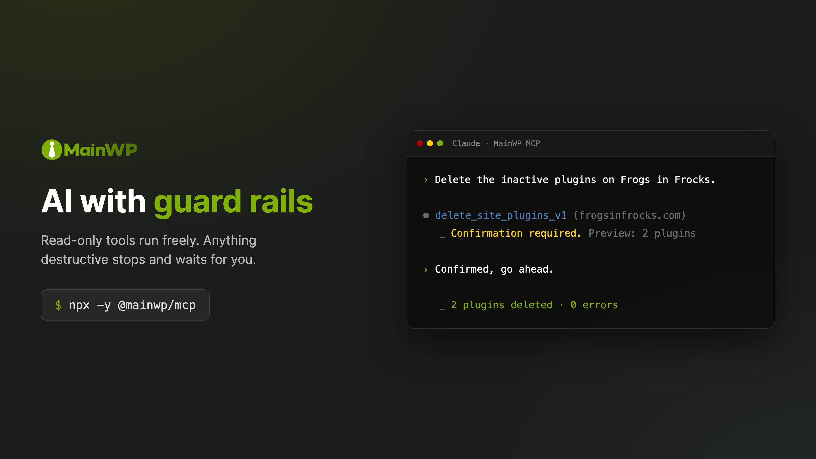 Terminal conversation: a request to delete inactive plugins pauses with Confirmation required and a preview of 2 plugins, then completes after the user confirms