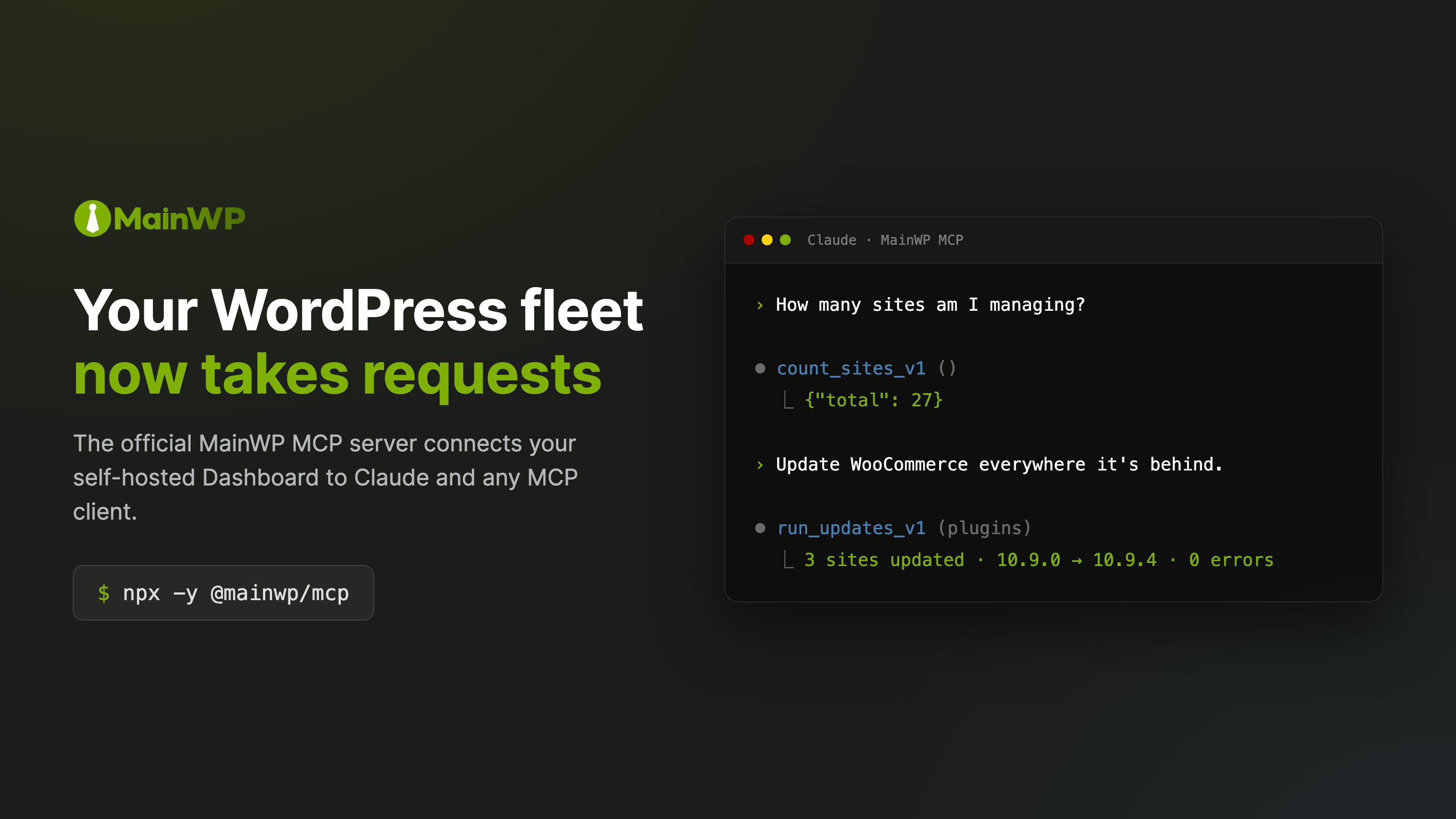 Terminal conversation with an AI assistant listing MainWP sites and pending updates