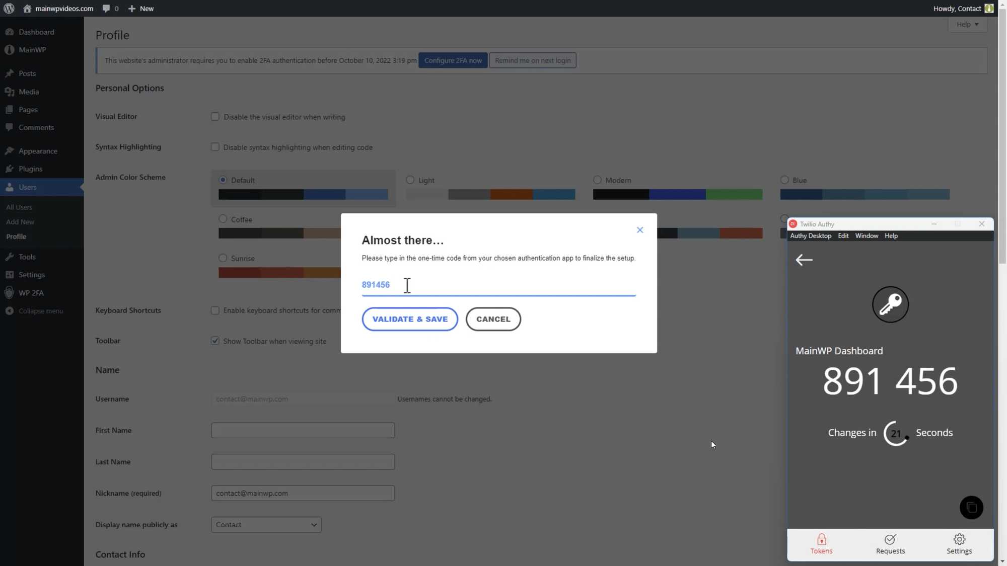 Authy plugin settings confirmation