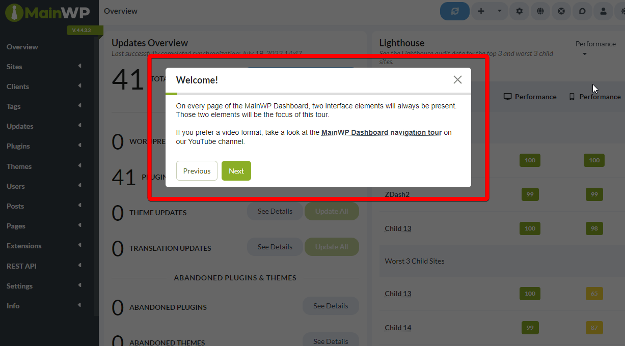 MainWP guided tour popup showing feature information