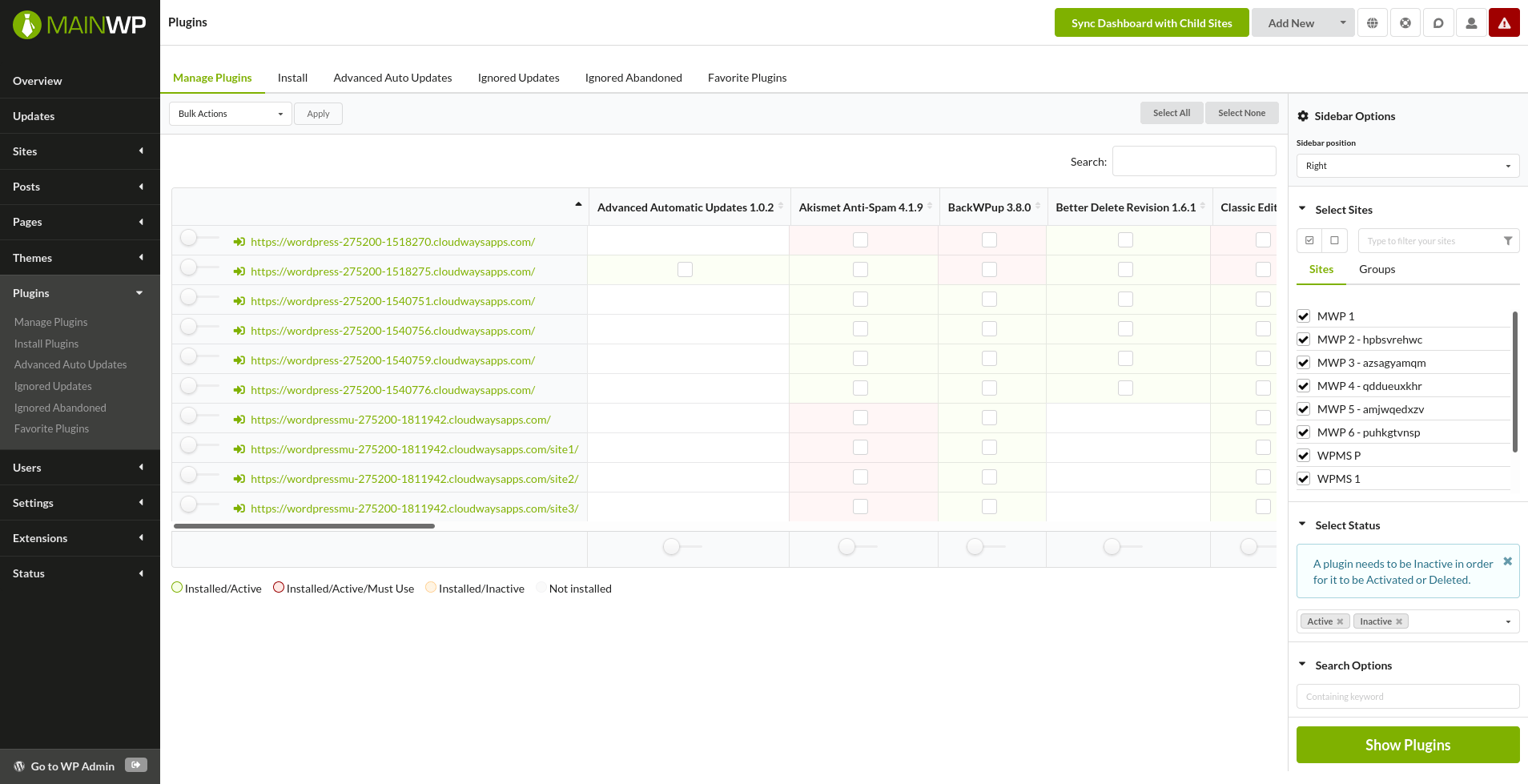MainWP Dashboard with sidebar positioned on the right