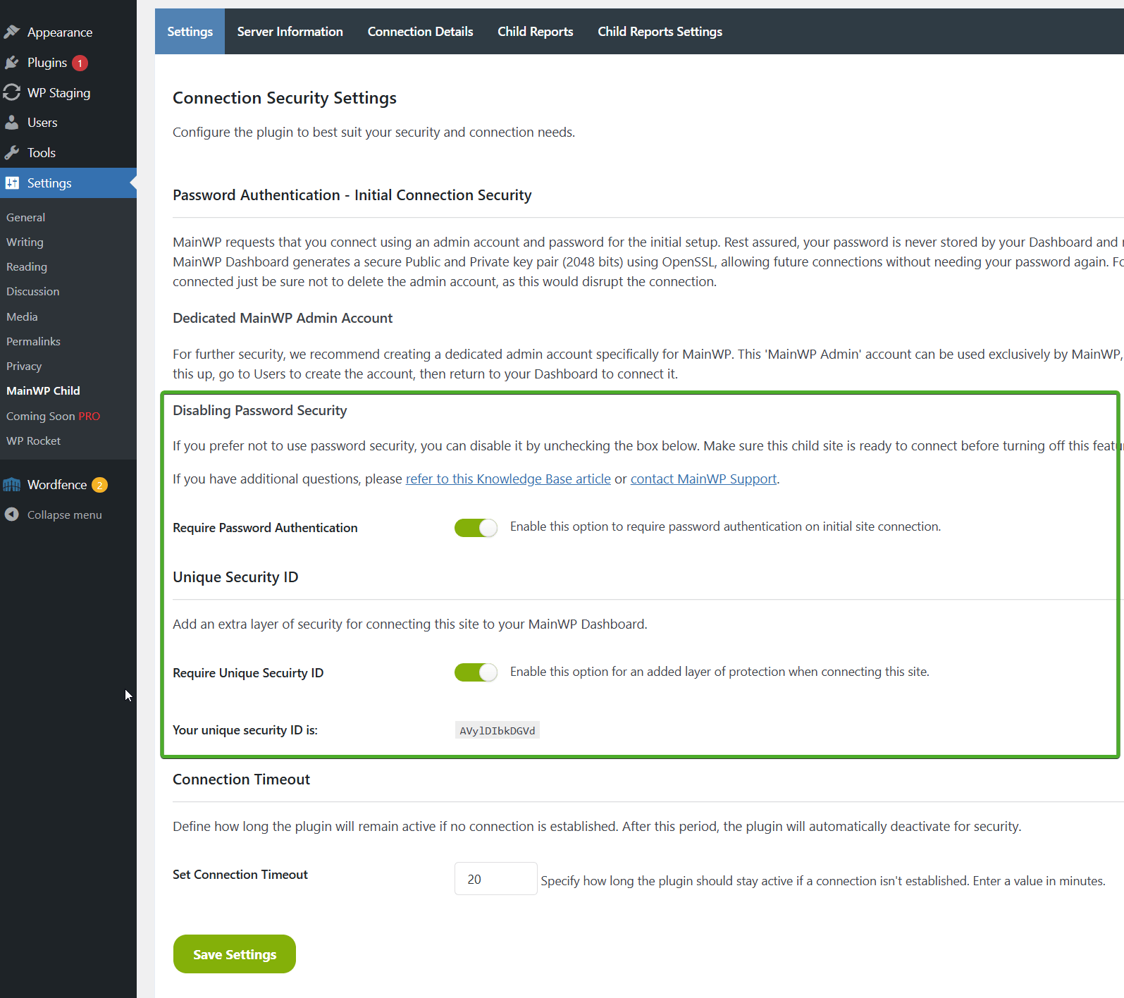 MainWP Child settings with Unique Security ID