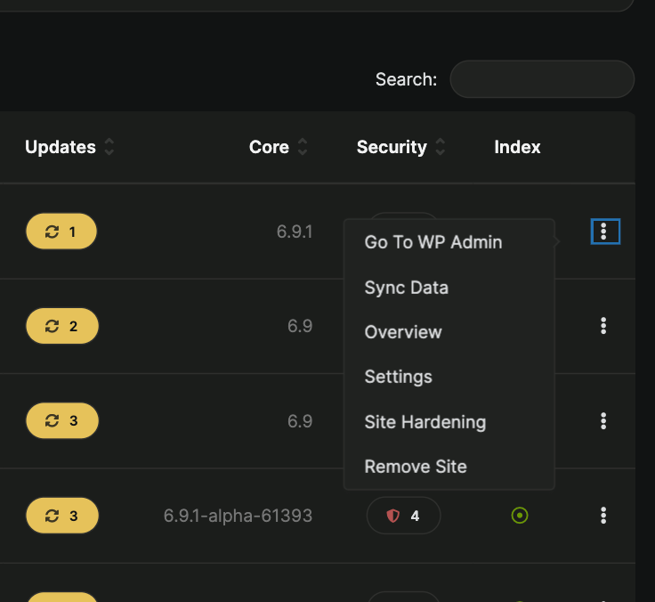 Actions menu in table row