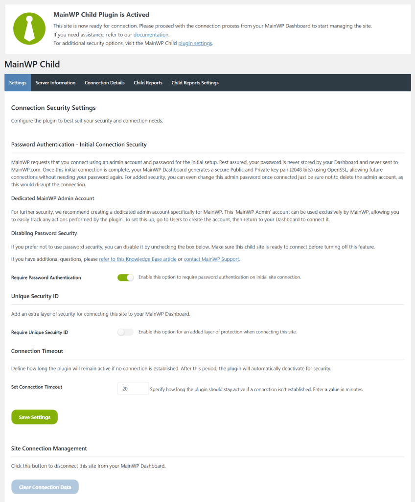 MainWP Child plugin settings page