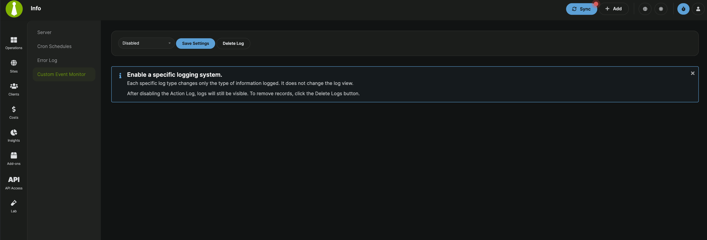 Custom Event Monitor log interface