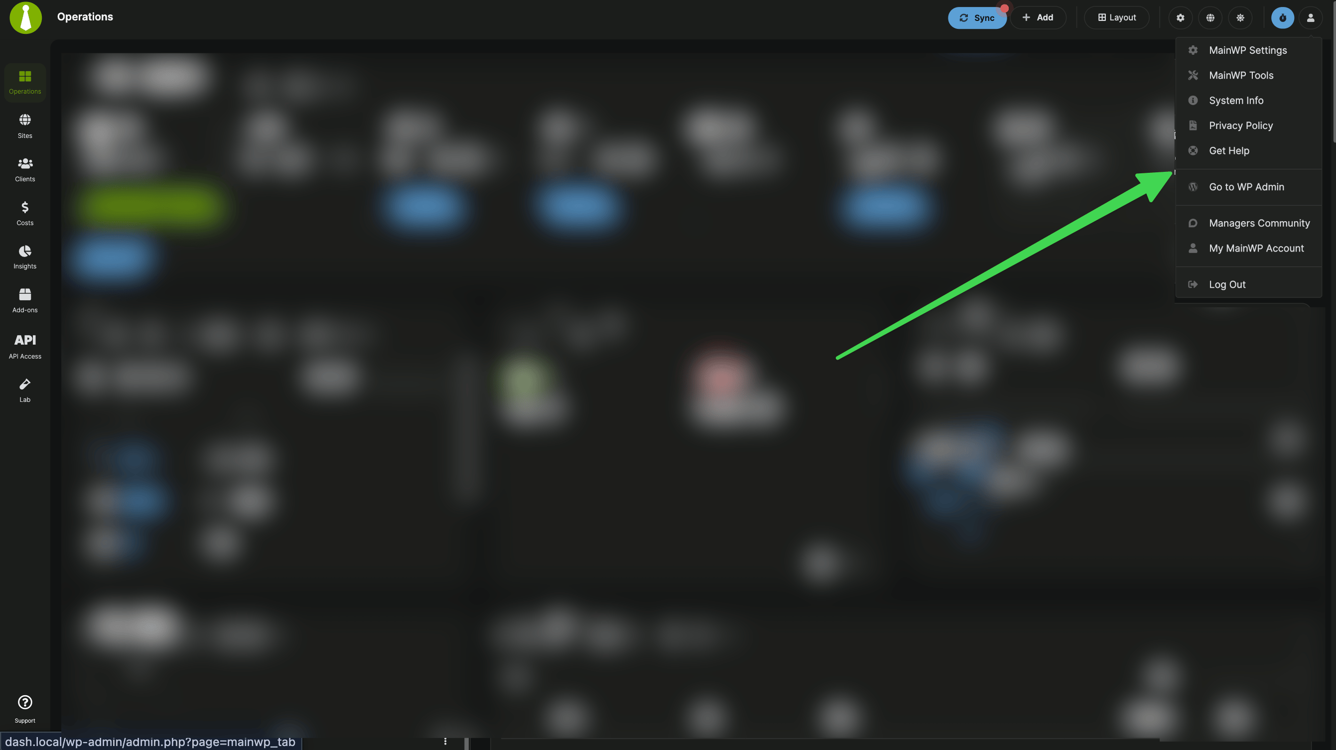 MainWP Dashboard header with sync, add new, and user menu options