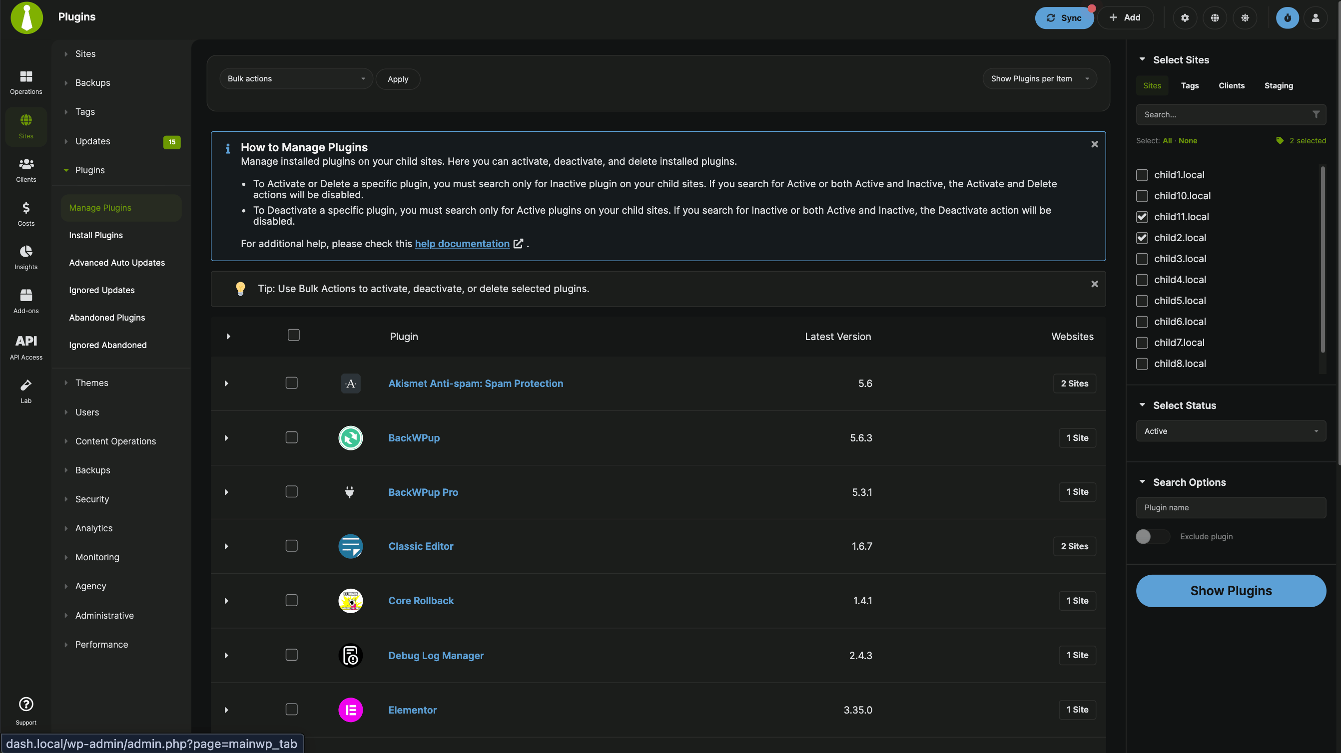 Manage Plugins & Themes table features