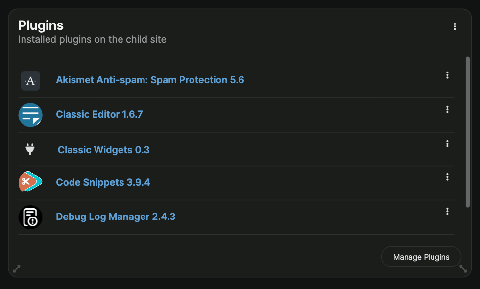 Plugins widget displaying installed plugins list