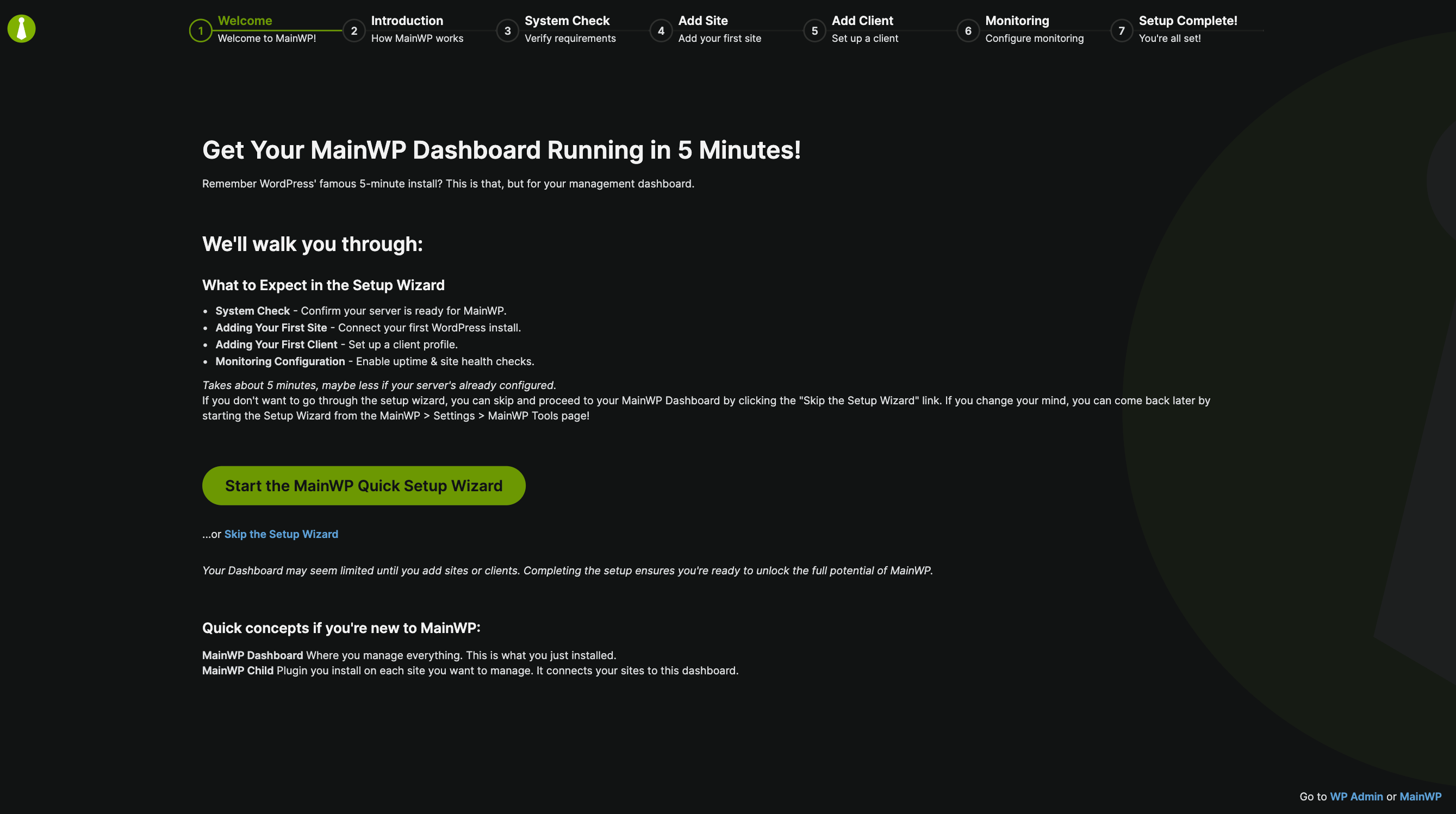 Quick Setup Wizard introduction screen
