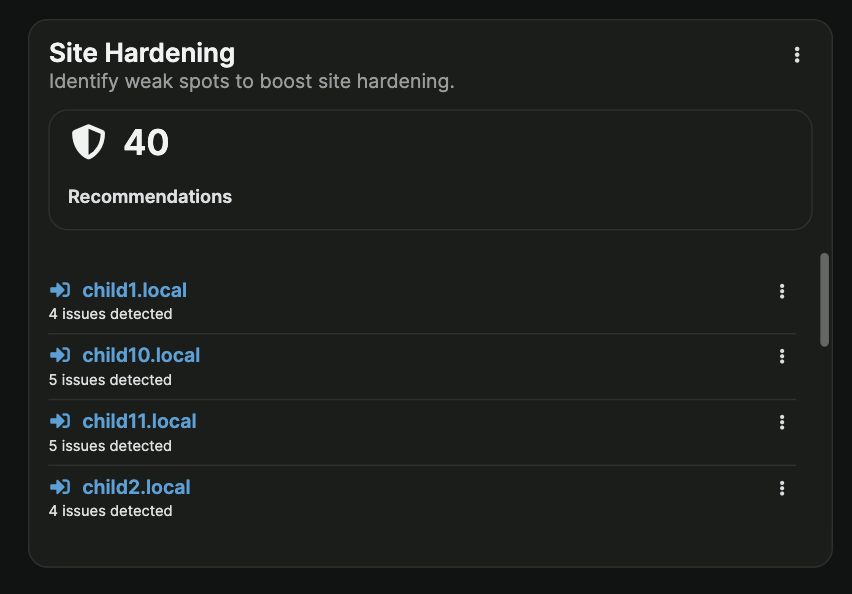 Site Hardening widget showing security issues overview