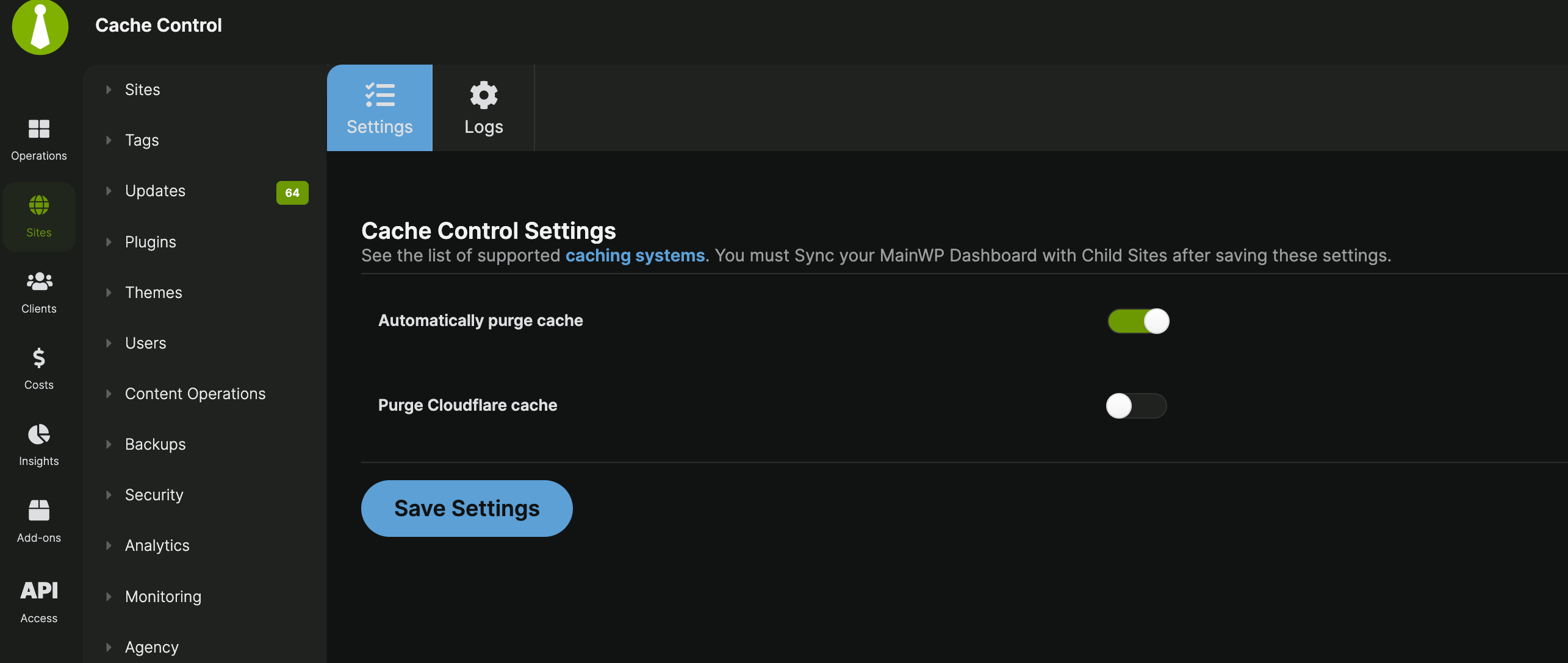 Cache Control global settings with Automatically purge cache and Purge Cloudflare cache toggles