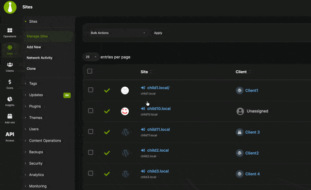 Animated screenshot showing the Purge Cache Cache Control bulk action on the Manage Sites page