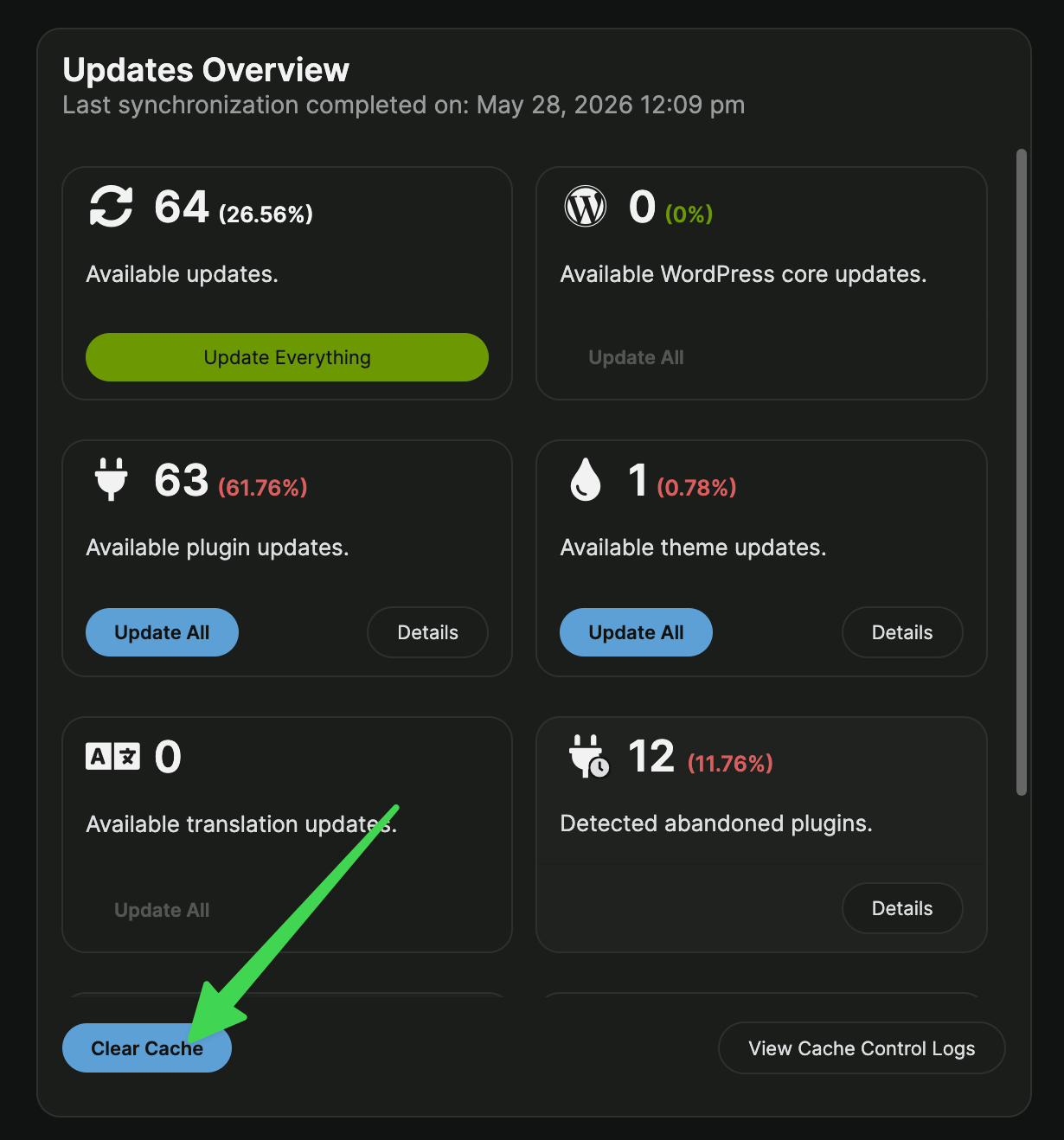 Updates Overview widget showing the Clear Cache button and View Cache Control Logs button