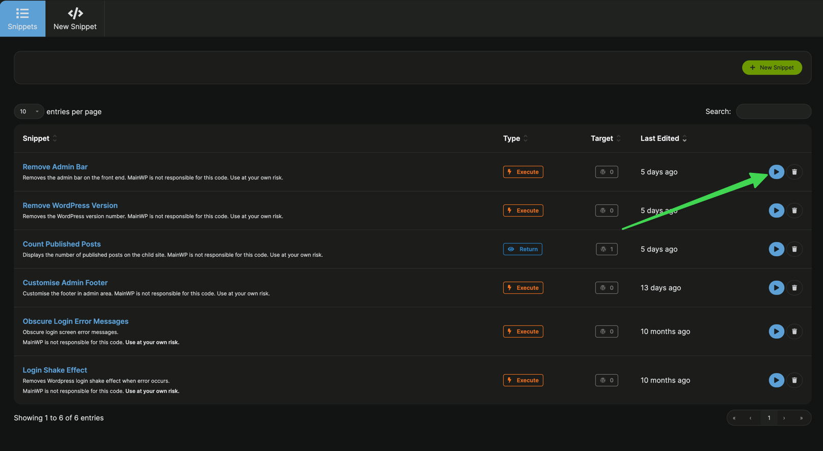 MainWP Code Snippets table with the saved snippet action button highlighted