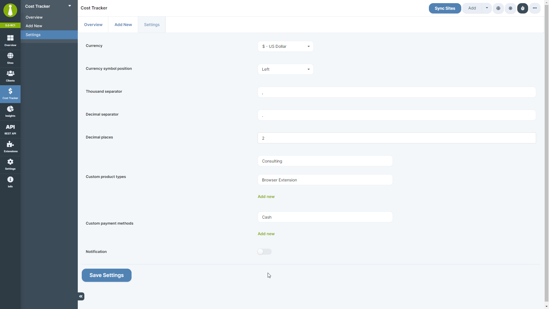 Cost Tracker settings