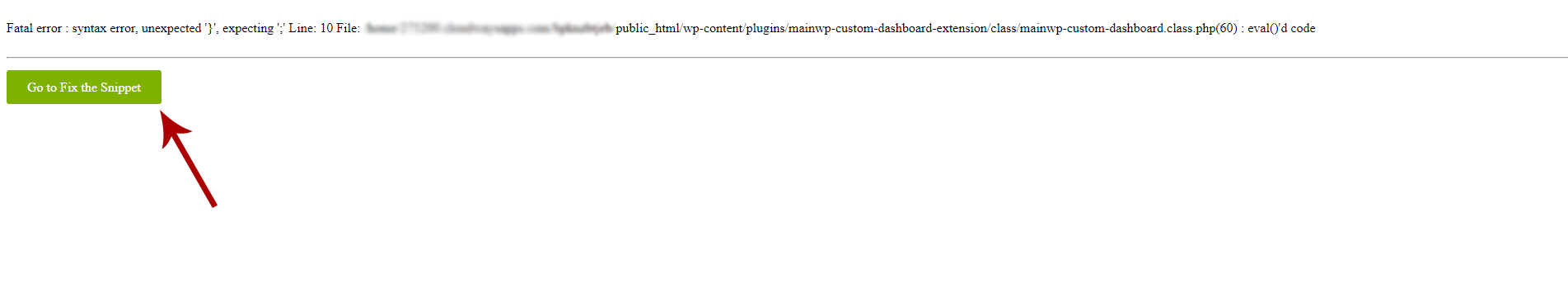 Screenshot showing PHP error message with link to fix the code