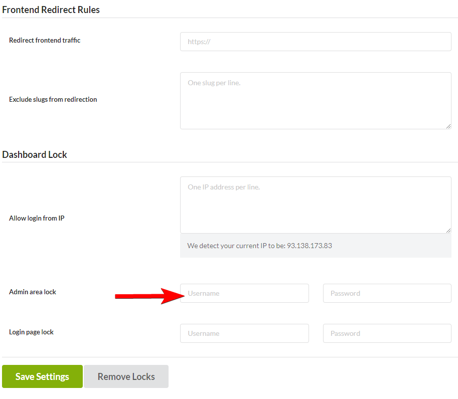 Admin area lock settings