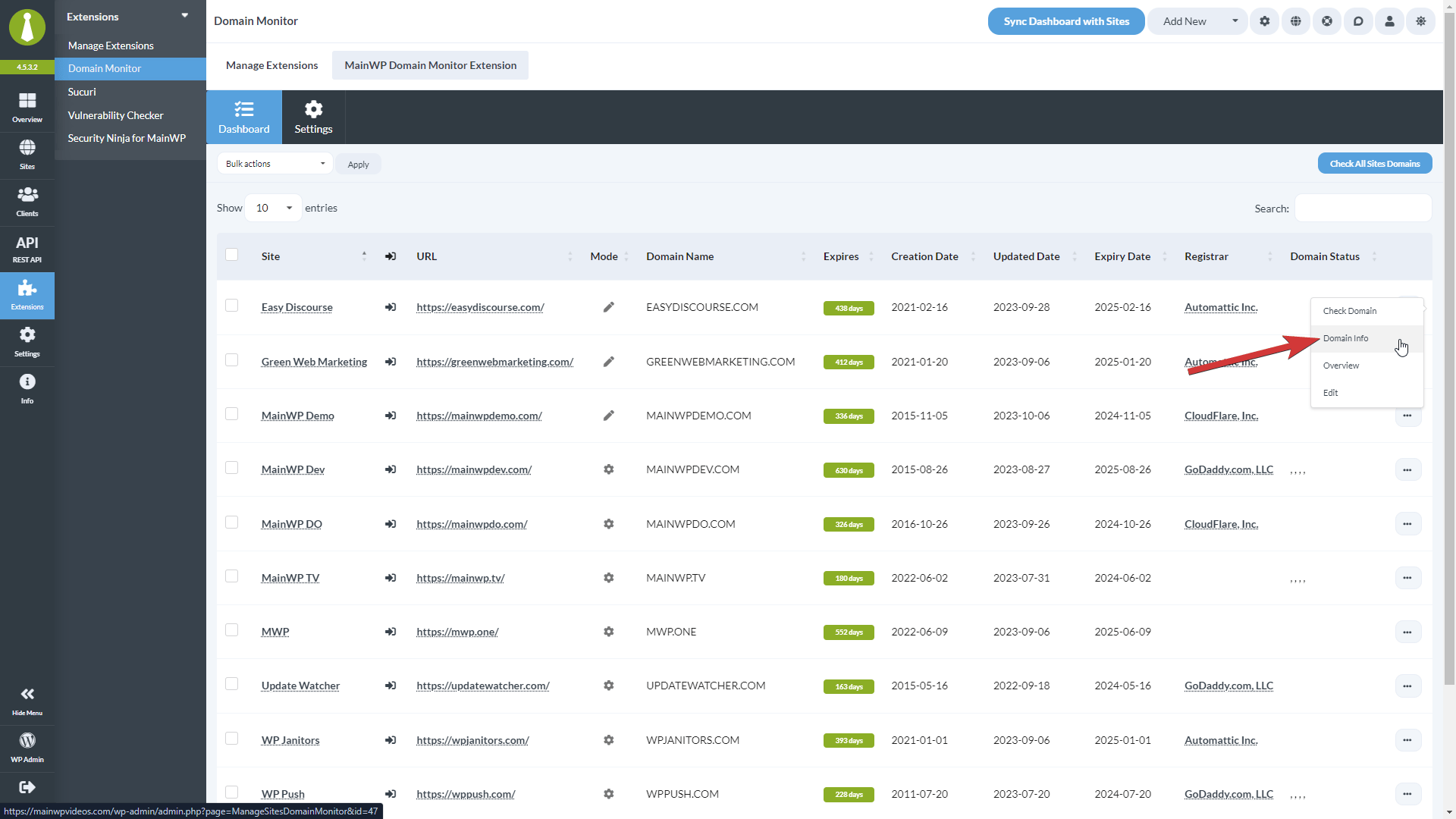 Screenshot of Domain Info action in site Actions menu