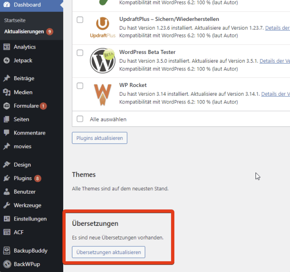 WordPress Updates page showing available translation updates