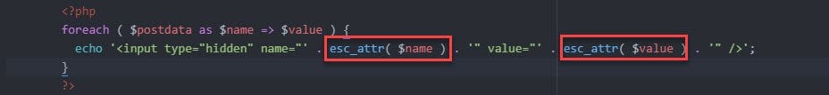 Code showing esc_attr function usage for escaping request parameters