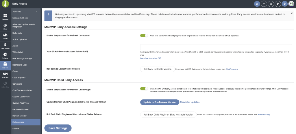 Early Access global settings page with Dashboard plugin options
