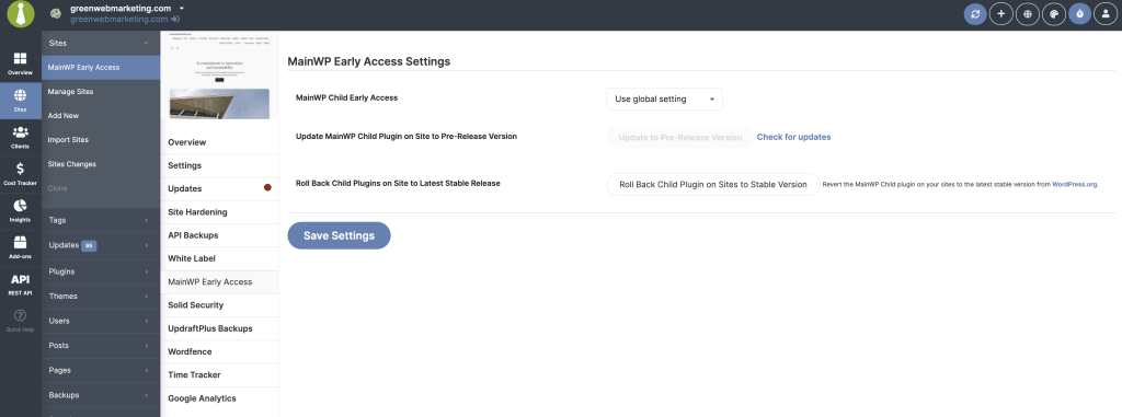 Early Access Child Site settings with per-site options