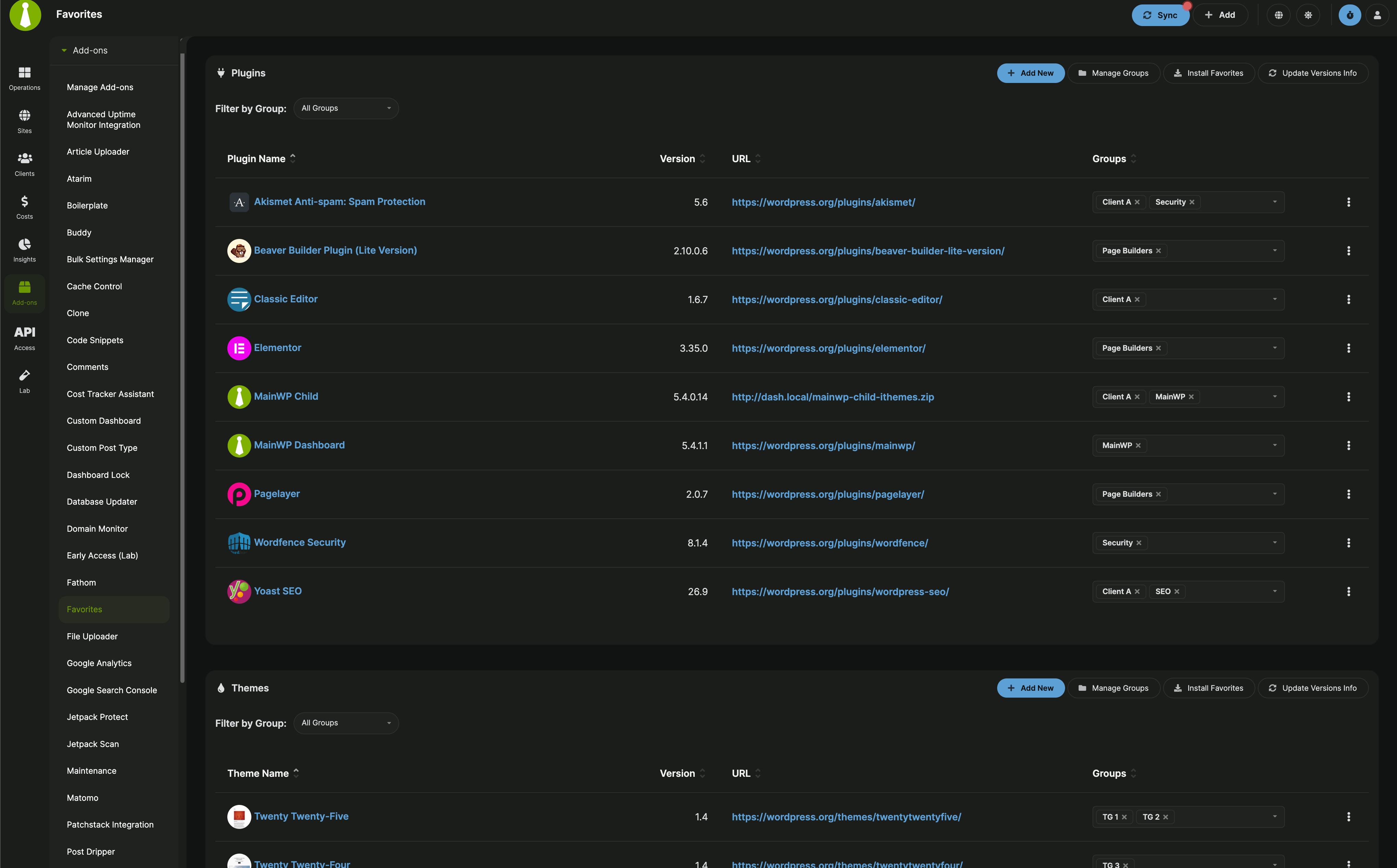 Favorites Extension page showing saved plugins and themes with groups