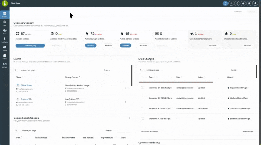 Animation showing navigation to Manage Sites page