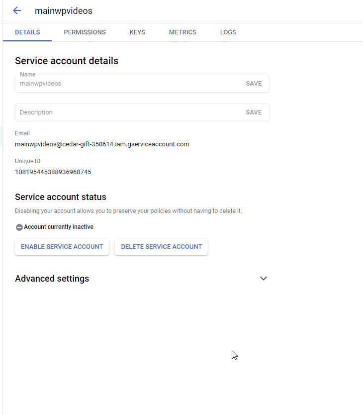 Animation showing how to create a new JSON key from Service Account