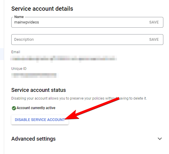Google Cloud Console showing disabled Service Account status