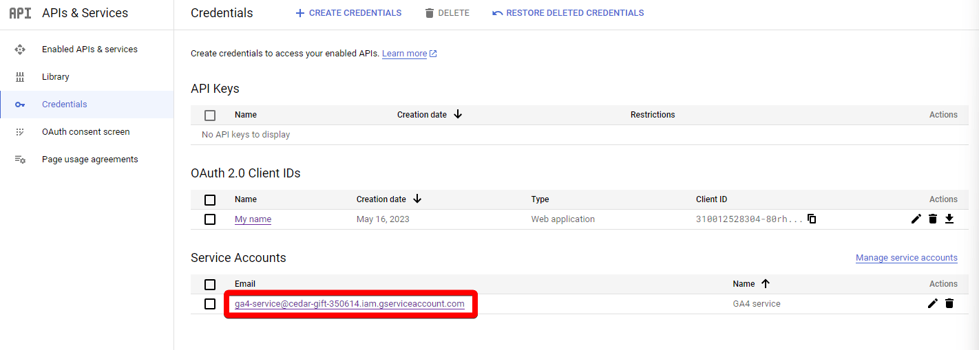 Google Cloud Console Credentials page showing Service Account email