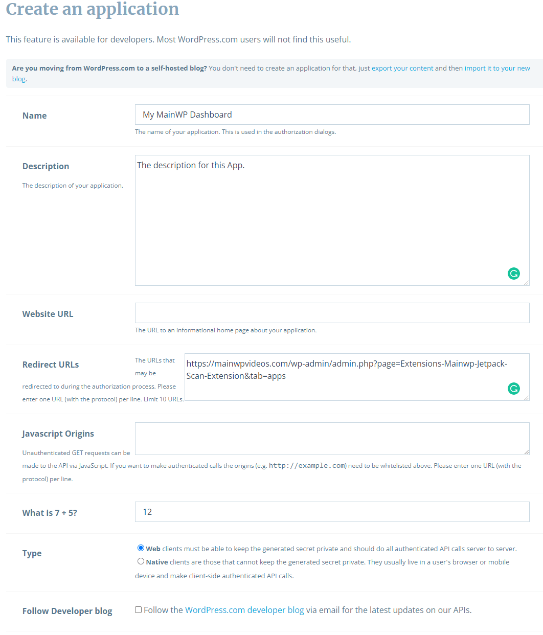 Screenshot of WordPress.com application creation form