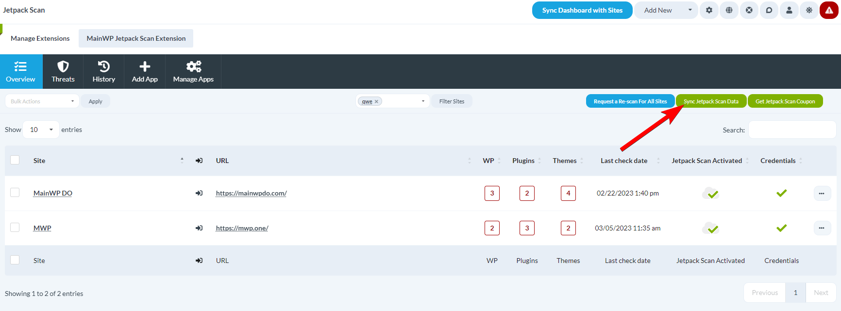 Screenshot highlighting the Sync Jetpack Scan Data button