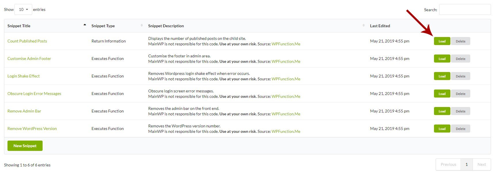 MainWP Code Snippets > Load Snippet